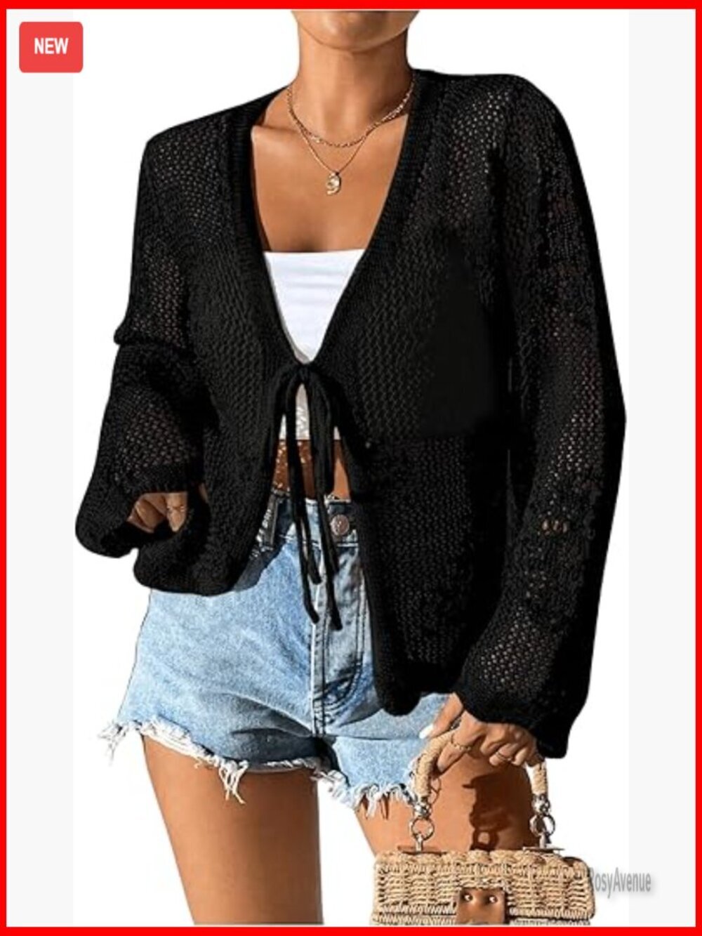 Women's Tie Front Crochet Long Sleeve Cardigan Sweaters Boho Beach Hollow Out